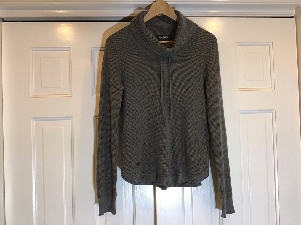 Lauren Ralph Lauren Waffle Knit Cowl Neck Gray Drawstring Cotton Sweater M Cozy